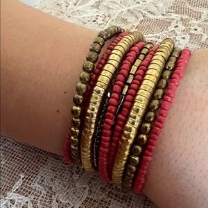 Handmade Gold and Coral Beaded Spiral Bracelet